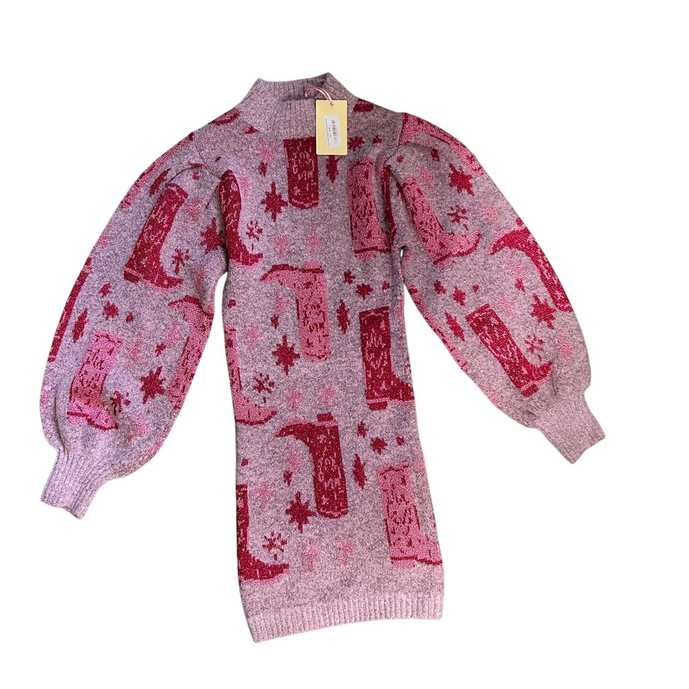 Entro Blush Sweater Dress Pink Cowboy Boots Star Print‎ Mock Neck Women's Size S